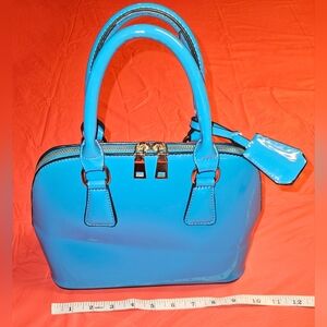 Glossy Blue Patent Faux Leather Dome Satchel w/Brown Lining Flat Bottom EUC